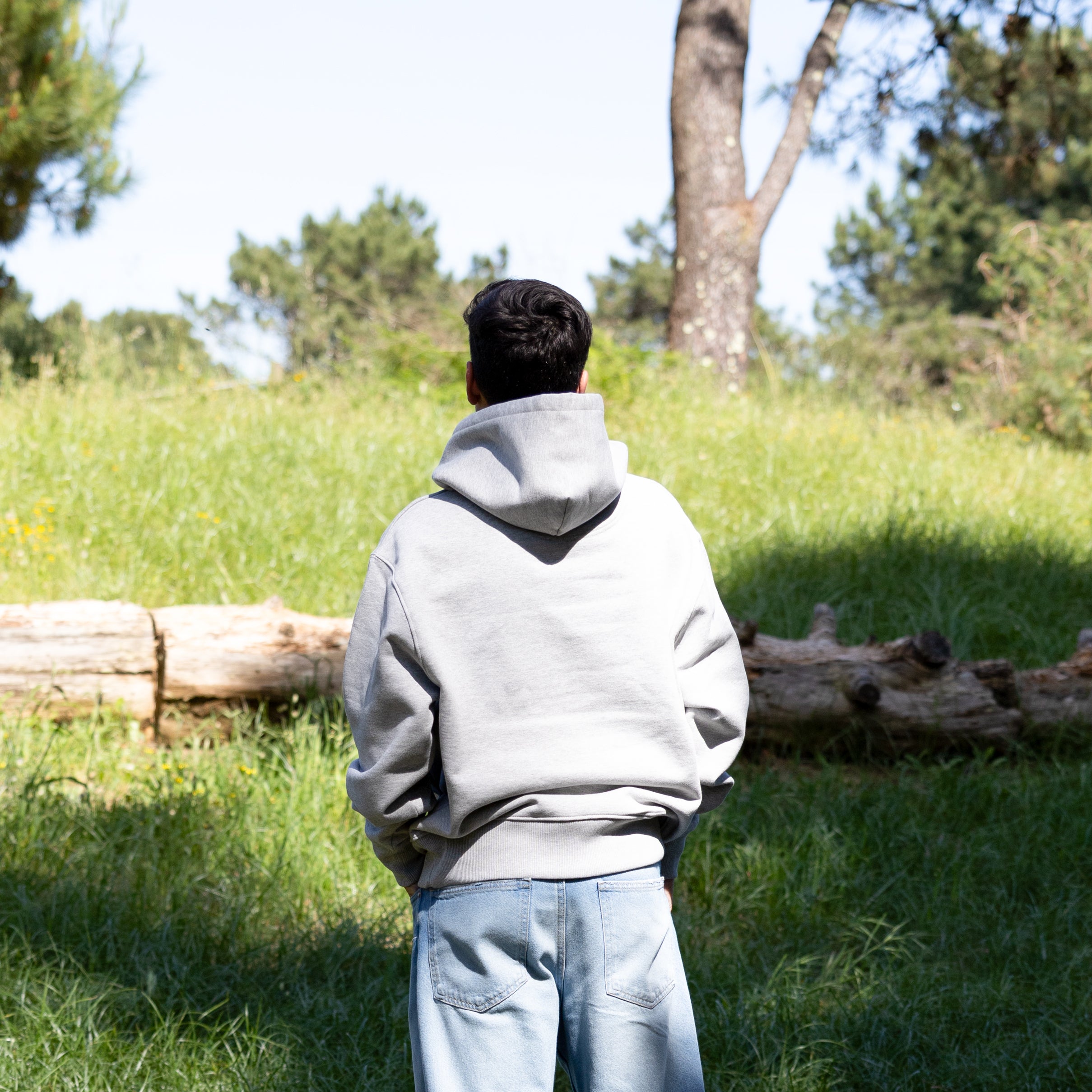 Grå hoodie på mandelig model set bagfra med hætten nede – 100% økologisk og komfortabel