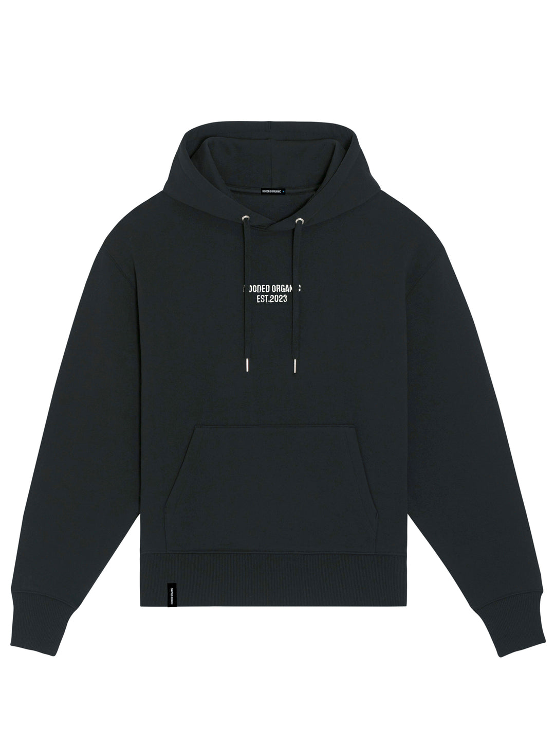 Sort hoodie med logo på brystet set forfra – comfy loose fit i 100% økologisk bomuld