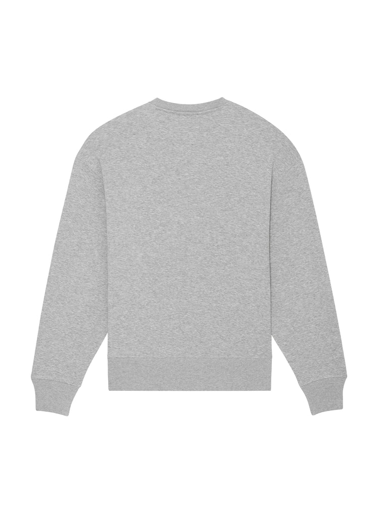 Grå økologisk sweatshirt set bagfra – minimalistisk produktbillede med neutral pasform og dansk design