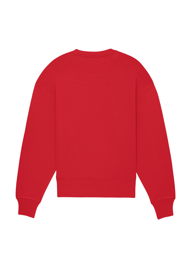 Rød økologisk sweatshirt set bagfra – minimalistisk look og bæredygtigt tøj til hverdagsbrug