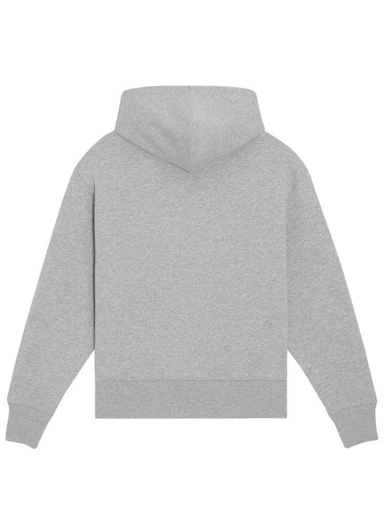 Grå hoodie set bagfra med ryglogo – 100% økologisk og afslappet snit
