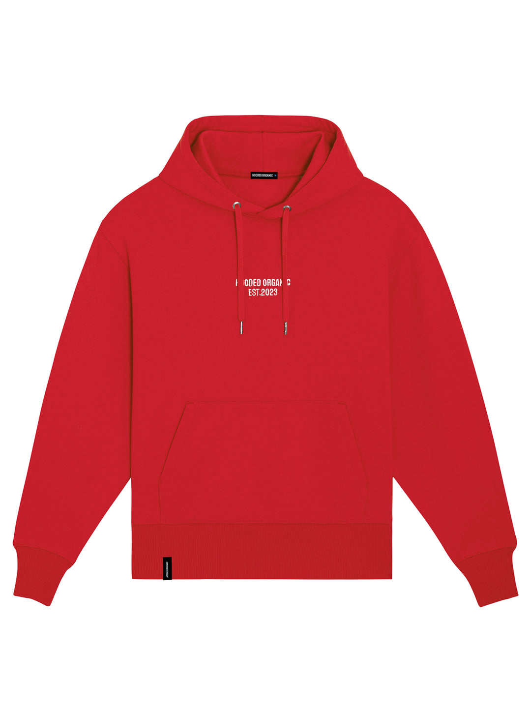 Rød hoodie set forfra med Hooded Organic-logo – fremstillet i 100% økologisk bomuld med moderne pasform
