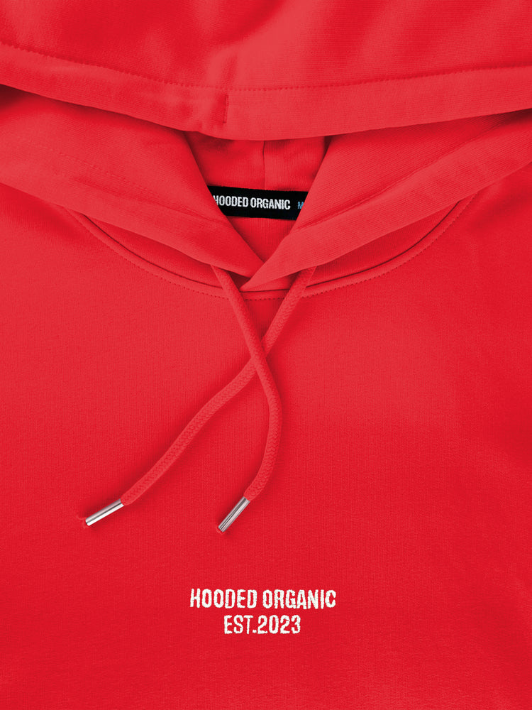 Hooded Organic-logo på rød heavy hoodie – detaljeret tryk på 100% økologisk bomuld
